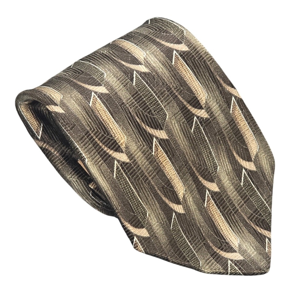 Milano Uomo Silk Necktie Men's Olive Green Brown‎ Geometric Abstract Made in USA